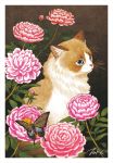  animal blue_eyes butterfly cat closed_mouth commentary_request flower flower_request leaf no_humans original signature sitting takigraphic 