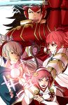  2boys 2girls armor brown_hair fire_emblem fire_emblem_if hinoka_(fire_emblem_if) holding holding_sword holding_weapon japanese_clothes katana looking_at_viewer multiple_boys multiple_girls pink_hair ponytail ryouma_(fire_emblem_if) sakura_(fire_emblem_if) sword takumi_(fire_emblem_if) weapon white_hair 