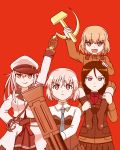  4girls absurdres crossover gangut_(kantai_collection) girls_und_panzer hairband hammer_and_sickle highres hoshino_banchou kantai_collection katyusha looking_at_viewer military military_uniform multiple_girls nonna red red_background sanya_v_litvyak simple_background soviet_union strike_witches traditional_media uniform weapon world_witches_series 