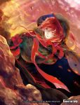  1boy clouds cloudy_sky copyright_name fire force_of_will gloves hood long_hair male_focus official_art red_eyes redhead sky solo upper_body 