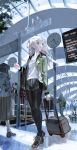  1girl aspara black_legwear clock commentary_request highres jacket long_hair looking_to_the_side luggage original pantyhose rolling_suitcase shorts train_station white_hair 