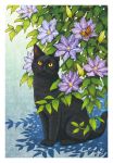  animal artist_name black_cat butterfly cat cat_focus clematis_(flower) flower looking_at_viewer no_humans original shadow signature takigraphic yellow_eyes 