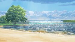  arsenixc beach blue_sky bridge clouds cloudy_sky commentary day everlasting_summer ground_vehicle highres no_humans outdoors power_lines reflection sand scenery shore sky train tree waves 