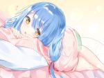  1girl :o ass blue_hair blush drooling green_panties hair_ribbon jpeg_artifacts kamioka_shun&#039;ya kneepits legs_crossed long_hair loungewear lying no_pants on_side original panties pillow pink_hoodie red_ribbon ribbon sleepy solo striped_hoodie tsubomi_(kamioka_shun&#039;ya) underwear yellow_background yellow_eyes 