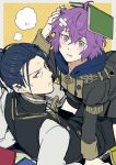  1boy 1girl ahoge bandaged_head bandages bernadetta_von_varley blue_hair blush book book_on_head eyebrows_visible_through_hair felix_hugo_fraldarius fire_emblem fire_emblem:_three_houses garreg_mach_monastery_uniform grey_eyes hair_between_eyes highres long_sleeves looking_at_viewer looking_back messy_hair object_on_head open_mouth oragamura999 polka_dot polka_dot_background purple_hair red_eyes short_hair short_ponytail straddling sweatdrop tears 