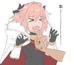  &gt;_&lt; 1boy androgynous anger_vein bow braid cape fang fate/apocrypha fate_(series) flying_teardrops hair_bow kadoyuki_(kadouki) long_hair male_focus pink_hair pulling rider_of_black simple_background single_braid upper_body white_background 