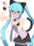  1girl abmayo animal_ears aqua_eyes aqua_hair arm_up bangs bare_shoulders black_legwear black_skirt blush breasts cat_ears collared_shirt commentary_request embarrassed eyebrows_visible_through_hair fake_animal_ears fang hair_between_eyes hatsune_miku highres leaning_forward long_hair looking_at_viewer medium_breasts necktie open_mouth pleated_skirt shirt simple_background skirt sleeveless sleeveless_shirt solo standing tail thigh-highs twintails very_long_hair vocaloid white_background wristband 