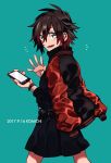  1girl artist_name cellphone dated grey_eyes highres hosomitimiti jacket_over_shoulder looking_at_viewer phone redhead ruby_rose rwby smartphone solo waving 