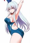  &gt;:o 1girl :o adapted_costume amisu armpits arms_up bangs blush breasts cleavage competition_swimsuit cowboy_shot from_side kamishirasawa_keine large_breasts long_hair looking_at_viewer looking_to_the_side one-piece_swimsuit pink_eyes sidelocks silver_hair solo stretch swimsuit touhou 