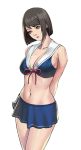  1girl arms_behind_back bare_shoulders black_eyes black_hair breasts cleavage collarbone cowboy_shot large_breasts looking_at_viewer looking_away navel original phamoz sailor_beach_wear_(no.s_project) sailor_bikini sailor_collar short_hair solo stomach white_background 