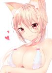  1girl :3 animal_ears bikini blonde_hair blush breast_hold breasts brown_eyes cat_ears cleavage eyebrows_visible_through_hair highres large_breasts looking_at_viewer original shiarisu short_hair smile solo swimsuit upper_body white_bikini 