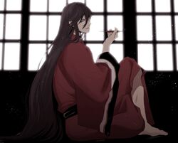  1boy androgynous backlighting barefoot black_hair blue_eyes earrings highres izumi-no-kami_kanesada japanese_clothes jewelry kimono kiseru kyoujixxxx long_hair male_focus pipe solo touken_ranbu very_long_hair windows yukata 