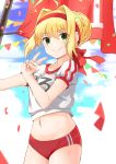  1girl ahoge bangs blonde_hair blush braid buruma c: closed_mouth confetti cowboy_shot crop_top eyebrows_visible_through_hair fate/grand_order fate_(series) flag french_braid green_eyes gym_shirt hair_between_eyes hair_bun hair_intakes hair_ribbon hairband hand_up highres holding_flag looking_at_viewer navel pennant red_buruma red_ribbon ribbon saber_extra shirt short_sleeves sidelocks smile solo thighs tsukiman v white_shirt 