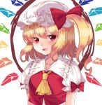  1girl :d absurdres ascot bangs blonde_hair blush bow eyebrows_visible_through_hair flandre_scarlet gem_oblivion hat highres looking_at_viewer mob_cap open_mouth red_bow red_eyes short_sleeves side_ponytail simple_background slit_pupils smile solo touhou upper_body white_background white_hat 