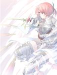  1girl armor armored_boots aspara bangs boots closed_mouth eyebrows_visible_through_hair fantasy gauntlets greaves green_eyes highres holding holding_sword holding_weapon multiple_swords original pauldrons pink_hair serious sidelocks solo sword thigh-highs weapon white_legwear 