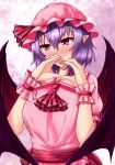  1girl bat_wings blush breasts commentary_request hair_between_eyes hat highres large_breasts large_wings looking_at_viewer mob_cap purple_hair remilia_scarlet solo touhou vampire wings zeramu 