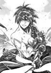  1boy cowboy_shot fingerless_gloves gloves greyscale ian_olympia looking_at_viewer male_focus messy_hair monochrome serious signature solo spiky_hair tenkuu_no_escaflowne traditional_media van_fanel 