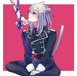  1boy animal_ears asuma_(hanezu) blush cat_ears cat_tail gloves hand_on_another&#039;s_chin honebami_toushirou indian_style kemonomimi_mode male_focus military military_uniform necktie sitting solo_focus tail touken_ranbu uniform violet_eyes white_gloves white_hair 