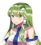 1girl absurdres bangs blush breasts detached_sleeves eyebrows_visible_through_hair frog_hair_ornament gem_oblivion green_eyes green_hair hair_between_eyes hair_ornament hair_tubes highres kochiya_sanae long_hair looking_at_viewer medium_breasts sidelocks simple_background snake_hair_ornament solo touhou upper_body white_background 