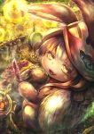 1girl :3 :d animal_ears brown_eyes combat_knife commentary_request ears_through_headwear egg fish food from_above from_behind frying_pan furry grass hangetsuban_sonshou helmet highres holding holding_knife horizontal_pupils horned_helmet knife looking_at_viewer made_in_abyss nanachi_(made_in_abyss) open_mouth pot smile solo standing weapon white_hair 