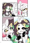  2girls black_hair blush breasts cleavage crown domino_mask eromame fingerless_gloves gloves green_eyes hime_(splatoon) iida_(splatoon) jacket mask mole mole_under_mouth multicolored_hair multiple_girls nail_polish smile splatoon tentacle_hair translation_request two-tone_hair white_hair yuri zipper zipper_pull_tab 