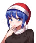 1girl absurdres bangs blue_eyes blue_hair doremy_sweet eyebrows_visible_through_hair gem_oblivion hand_to_own_mouth hat highres looking_at_viewer nightcap open_mouth short_hair simple_background solo touhou upper_body white_background yawning 