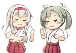  2girls :3 blush_stickers closed_eyes green_hair hakama_skirt ido_(teketeke) japanese_clothes kantai_collection long_hair multiple_girls red_skirt short_sleeves shoukaku_(kantai_collection) simple_background skirt twintails white_background white_hair zui_zui_dance zuikaku_(kantai_collection) 