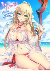  1girl :o aestus_estus ahoge babydoll bangs beach bikini blonde_hair blush breasts criss-cross_halter day fate/grand_order fate_(series) green_eyes groin hair_intakes hair_ribbon halterneck koikawa_minoru large_breasts long_hair looking_at_viewer nero_claudius_(swimsuit_caster)_(fate) outdoors ribbon saber_extra side-tie_bikini sitting solo stomach striped striped_bikini swimsuit yokozuwari 