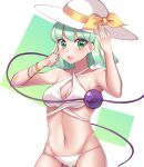  1girl :d arm_up bangs bare_arms bare_shoulders bikini blush bow breasts cleavage cowboy_shot eyebrows_visible_through_hair gem_oblivion green_eyes green_hair groin halter_top halterneck hand_on_headwear hand_up hat hat_bow heart heart-shaped_pupils highres komeiji_koishi looking_at_viewer medium_breasts navel open_mouth short_hair smile solo swimsuit symbol-shaped_pupils third_eye touhou white_bikini white_hat yellow_bow 