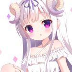  1girl :o bangs bare_shoulders blunt_bangs blush chitosezaka_suzu collarbone commentary_request criss-cross_halter dress eyebrows_visible_through_hair frilled_dress frills hair_ribbon halterneck hand_on_own_knee horns long_hair lowres original parted_lips purple_ribbon ribbon sheep_horns simple_background solo sundress violet_eyes white_background white_dress white_hair 