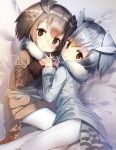  2girls :o absurdres bangs bed_sheet bird_tail blonde_hair blush brown_coat brown_eyes brown_hair coat eurasian_eagle_owl_(kemono_friends) eyebrows_visible_through_hair from_above fur-trimmed_sleeves fur_collar fur_trim gradient_hair grey_coat hand_holding highres interlocked_fingers kemono_friends long_sleeves looking_at_viewer looking_up lying multicolored_hair multiple_girls northern_white-faced_owl_(kemono_friends) on_bed on_side pantyhose parted_lips shiny shiny_hair short_hair signature silver_hair sparkle tail tareme white_legwear winter_clothes winter_coat yamacchi yellow_eyes 