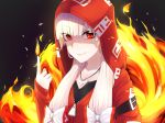  1girl alternate_costume bangs bow closed_mouth collarbone eyebrows_visible_through_hair fire fujiwara_no_mokou hair_bow hair_over_shoulder hand_up highres hood hood_up hoodie index_finger_raised jewelry ldl_(bcw1025) long_hair long_sleeves looking_at_viewer ofuda ofuda_on_clothes pale_skin pendant red_eyes shirt sleeves_past_wrists smile smirk solo touhou upper_body white_hair 