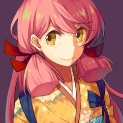  1girl akashi_(kantai_collection) floral_print hair_ribbon japanese_clothes kantai_collection kimono long_hair looking_at_viewer mujun_atama pink_hair purple_background ribbon simple_background solo tasuki tress_ribbon upper_body yellow_eyes yellow_kimono 