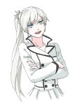  1girl alternate_costume blue_eyes commentary_request earrings eyebrows_visible_through_hair jewelry ponytail rwby scar scar_across_eye solo weiss_schnee white_hair 