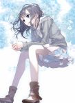  1girl aspara bangs blue blue_eyes boots brown_boots cardigan closed_mouth floating_hair grey_hair highres holding holding_leaf hood hoodie leaf long_hair long_sleeves maple_leaf open_cardigan open_clothes original pleated_skirt sidelocks sitting skinny skirt solo white_skirt 
