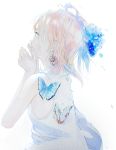  1girl aspara bangs blonde_hair blue_flower butterfly eyebrows_visible_through_hair flower from_side green_eyes hair_flower hair_ornament hands_up highres light_smile original parted_lips petals simple_background solo tank_top tearing_up tears upper_body white_background wind 