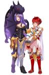  2girls armor blush breasts camilla_(fire_emblem_if) cape cleavage cleavage_cutout closed_eyes conmimi embarrassed fire_emblem fire_emblem_if hinoka_(fire_emblem_if) holding long_hair multiple_girls purple_hair red_eyes redhead simple_background smile stuffed_toy wavy_hair white_background 