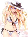  1girl :p adjusting_clothes adjusting_hat bikini blonde_hair blush bow breasts cleavage hair_ornament hairclip hat hat_bow hisenkaede large_breasts long_hair original polka_dot polka_dot_bikini side-tie_bikini smile solo swimsuit tongue tongue_out violet_eyes white_bikini 