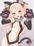  1girl animal_ears bell black_gloves black_leotard blonde_hair blush breasts cat_ears commentary_request elbow_gloves eyebrows_visible_through_hair fake_animal_ears fake_tail fate/kaleid_liner_prisma_illya fate_(series) fur_trim gloves gluteal_fold grey_background hair_bell hair_between_eyes hair_ornament hair_ribbon illyasviel_von_einzbern leotard long_hair navel open_mouth paw_gloves paw_pose paws red_eyes red_ribbon ribbon shinovi sideboob simple_background small_breasts solo tail tail_bell tail_ribbon thigh_strap 