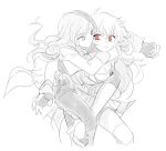  2girls breasts brown_eyes cleavage commentary_request fingerless_gloves gloves hug hug_from_behind multiple_girls neo_(rwby) parasol pink_eyes red_eyes rwby rwby_fanartnest umbrella yang_xiao_long 