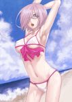  1girl a-er_(akkij0358) armpits arms_up beach bikini black-framed_eyewear blue_sky blush breasts cowboy_shot day erect_nipples fate/grand_order fate_(series) glasses hair_over_one_eye highres lavender_hair looking_at_viewer medium_breasts navel shielder_(fate/grand_order) short_hair sky solo stomach stretch sweat swimsuit violet_eyes white_bikini 