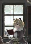  2girls animal_ears belt blonde_hair book bookshelf bow bowtie cape extra_ears floating_object frilled_shirt frills fur_collar gloves glowing glowing_eyes grey_hair hood indoors jaguar_(kemono_friends) jaguar_ears jaguar_print kemono_friends leaning_to_the_side multiple_girls okyao open_book otter_ears print_gloves quill reading sandstar shirt short_hair small-clawed_otter_(kemono_friends) window yellow_eyes 