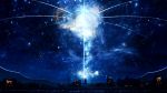  1girl building city_lights commentary_request hand_up highres light_beam magic night night_sky scenery short_hair sky solo standing star_(sky) starry_sky telephone_pole town water y_y_(ysk_ygc) 