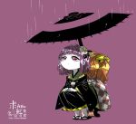  2girls back-to-back bangs bell checkered checkered_kimono commentary_request dated eyebrows_visible_through_hair flower full_body hair_bell hair_flower hair_ornament hieda_no_akyuu japanese_clothes kimono long_sleeves motoori_kosuzu multiple_girls orange_hair purple_background purple_hair rain sandals short_hair simple_background sparkle touhou umbrella violet_eyes white_legwear white_skin yt_(wai-tei) 