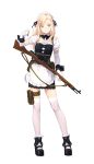  1girl alevetz_novoseltsova alternate_costume apron bangs black_ribbon black_shoes blonde_hair blue_eyes elbow_gloves enmaided formation_girls full_body gloves gun hair_ribbon highres holding holding_bullet holding_gun holding_weapon kinta_(distortion) looking_at_viewer maid maid_apron maid_headdress ribbon rifle shoes smile solo swept_bangs thigh-highs transparent_background weapon white_gloves white_legwear 