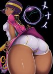  ao_madou-shi ass capcom cape crystal_ball dark-skinned_female dark_skin dress female fingerless_gloves gloves green_eyes highres long_hair looking_at_viewer looking_back menat pink_lips pov purple_hair street_fighter thick_thighs thighs tiara 