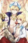 &gt;:d 2boys :d apple bare_shoulders blonde_hair blue_jacket child child_gilgamesh cropped_jacket detached_collar diadem eating eyebrows_visible_through_hair fate/grand_order fate/hollow_ataraxia fate_(series) fhalei food fruit gauntlets gem gilgamesh gilgamesh_(caster)_(fate) high_collar horns hug jacket jewelry looking_at_another looking_at_viewer male_focus multiple_boys necklace open_clothes open_mouth open_shirt red_eyes shirt shorts single_gauntlet sitting sitting_on_lap sitting_on_person smile turban white_shirt 