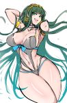  1girl :d absurdres armpits arms_behind_head blush breasts cleavage cleopatra_(fate/grand_order) fate/grand_order fate_(series) green_eyes green_hair hairband highres hometa long_hair looking_at_viewer navel one-piece_swimsuit open_mouth simple_background sketch smile solo swimsuit teeth very_long_hair white_background 