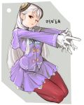  1girl capcom_fighting_jam gloves hairpods highres ingrid kneeling long_hair long_sleeves looking_at_viewer one_eye_closed pantyhose purple_skirt red_eyes red_legwear skirt solo tetsu_(kimuchi) white_gloves white_hair 