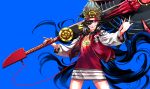  1boy \n/ black_hair blue_background character_request cowboy_shot crown fate/grand_order fate_(series) grin hair_over_one_eye hat headphones highres huge_weapon jacket long_hair long_sleeves looking_at_viewer male_focus one_eye_covered over_shoulder red_eyes red_jacket red_shirt shirt simple_background skull smile solo standing very_long_hair weapon weapon_over_shoulder weapon_request yosi135 